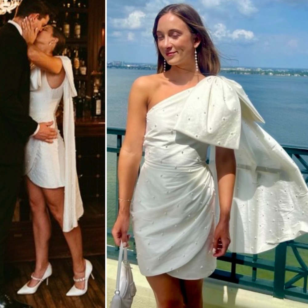BHLDN Pippa Pearl Bow One Shoulder Mini Dress Bridal Shower Reception 2 XS White - Picture 9 of 15
